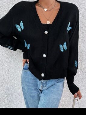 SHEIN Black V-Neck Cardigan with Blue Butterfly Embroidery